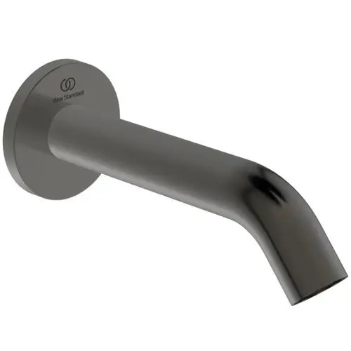 Wandmontierter Auslauf in mattem Grau von Ideal Standard, mit runder Rosette. Design mit geschwungener Form, robust und funktional.